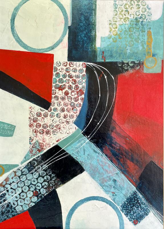 Go between circles, an abstract of bold colours, texture and shapes that interlock together. 