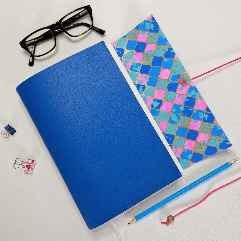 Blue Leather Journal with Moroccan Tile Design Cover Linings