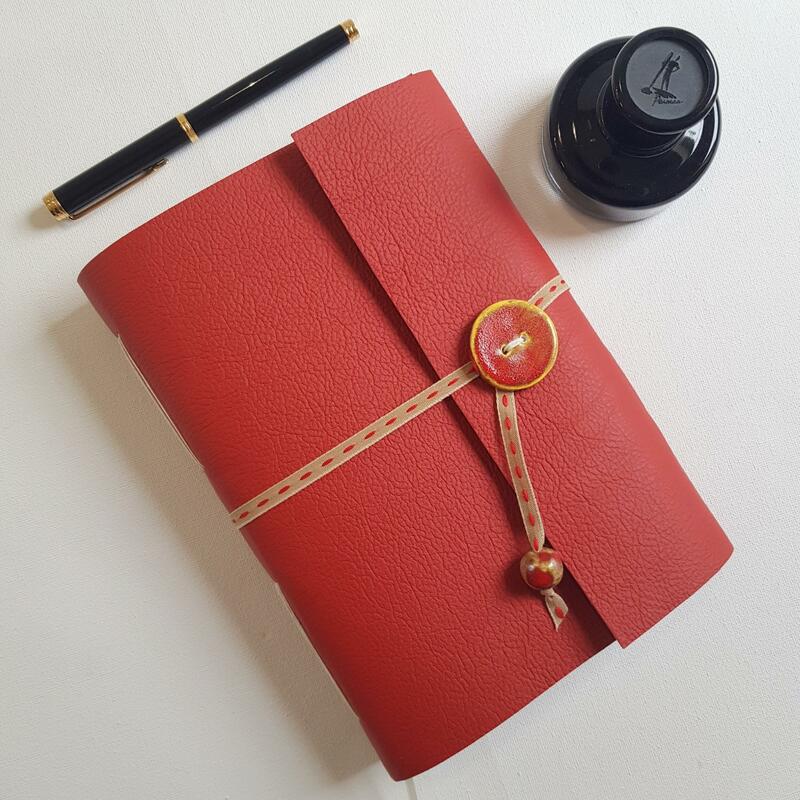 Hand Bound Red Leather A5 Journal with Hand Made Ceramic Button