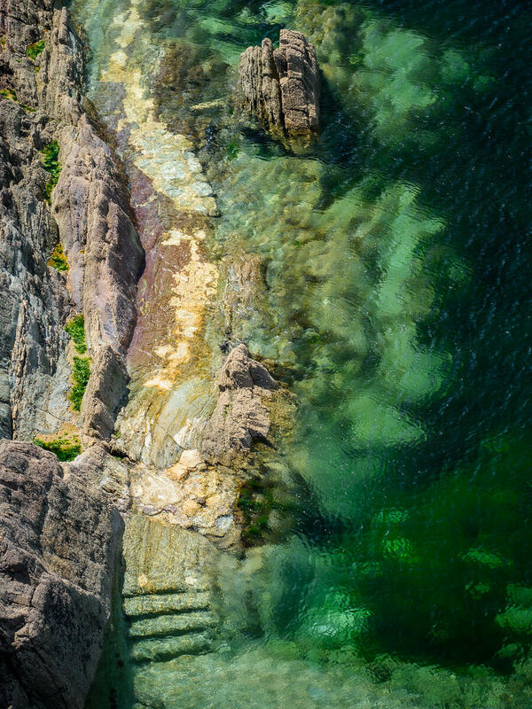 seascape, cliff, steps, Cornwall, Polperro
