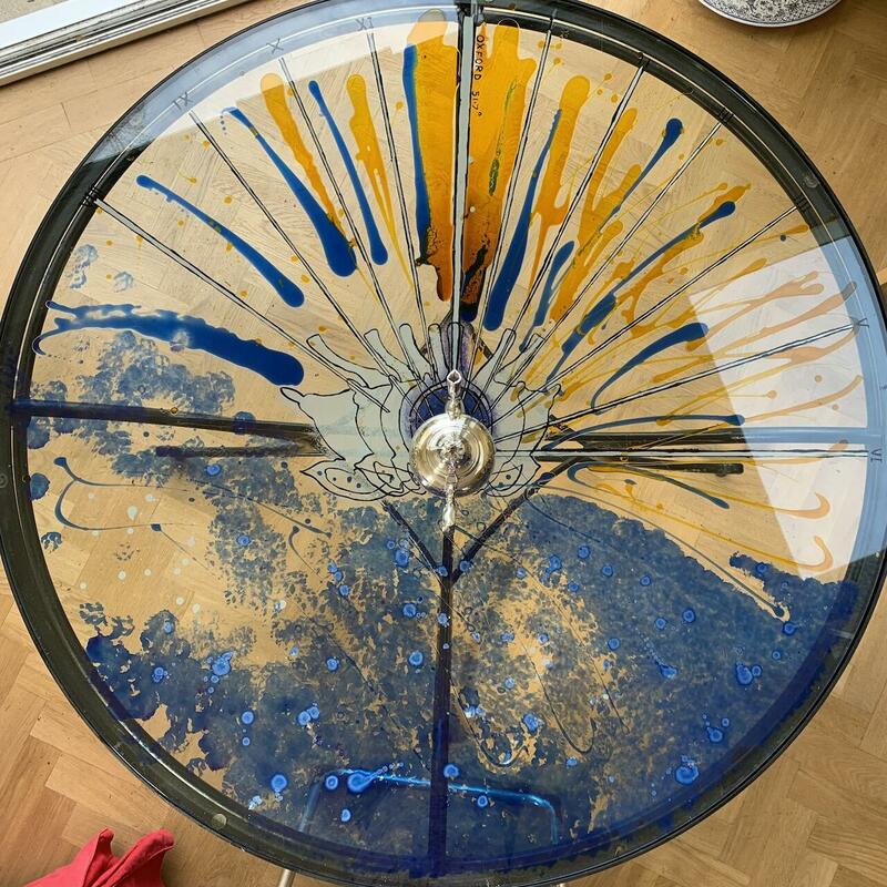 TIME SUNDIAL - Aligned to Oxford 51.7° N - Vitrail Transparent Paint on found and repurposed dining table  d:101cm Price: £1,500