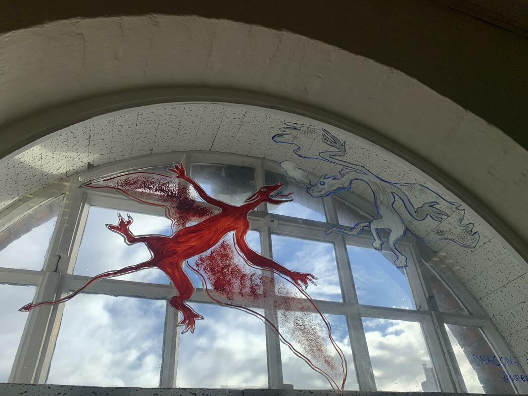 Dragons Over Oxford, Centre of the Land. Celebrating Christmas Artweeks 2022.South Oxford Community Centre Window.