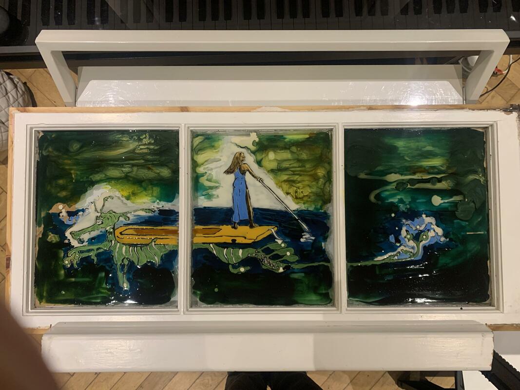 Overhead view of finished painting. Vitrail Paint on Glass. Upcycled window from former General Elliott (Eliott) Pub, South Hinksey, Oxford. Head Of The River. 
