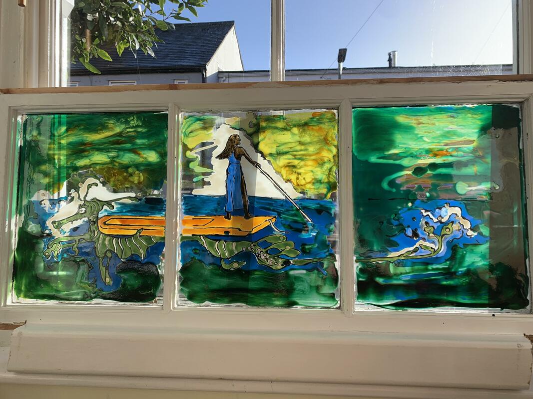 DRAGONS UNDER OXFORD: Head Of The River. Vitrail Transparent Paint on Glass. Upcycled Window from former General Elliott (Eliott) Pub, South Hinksey, Oxford