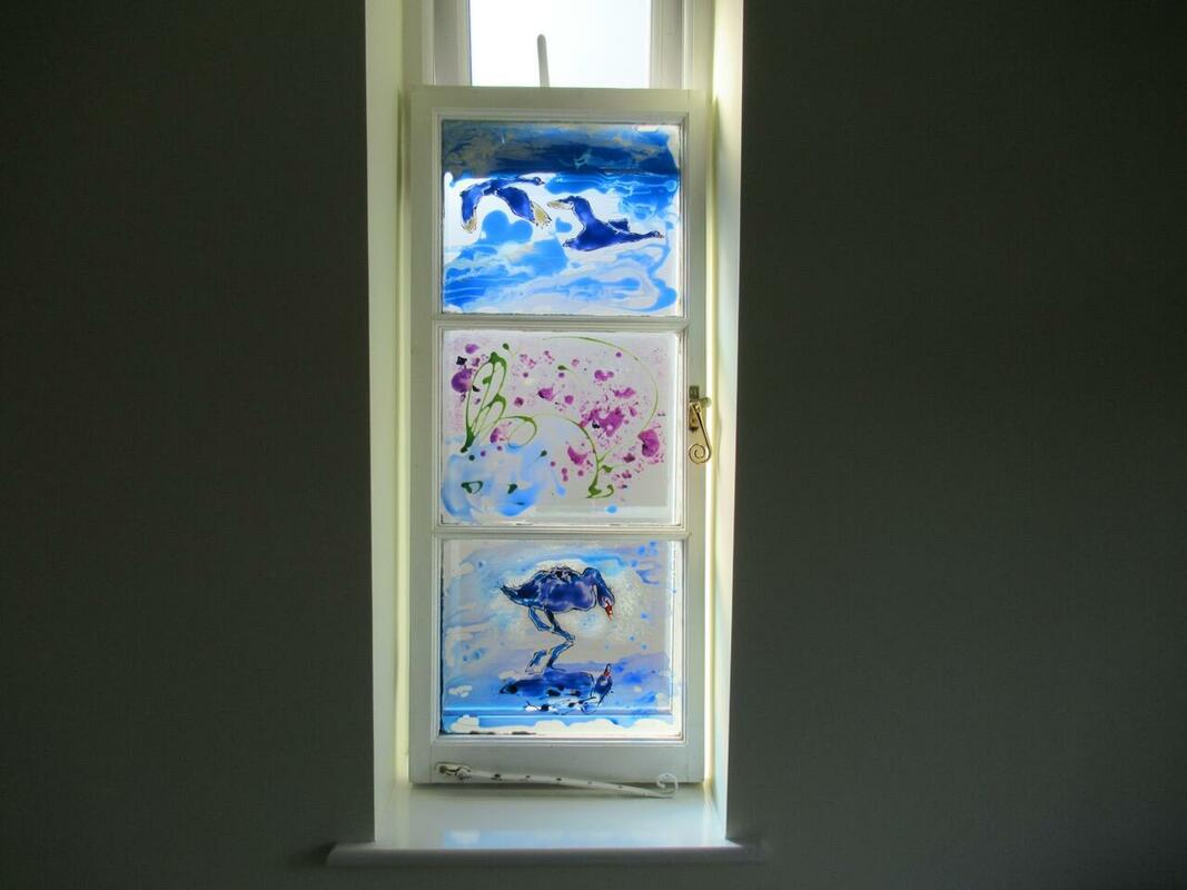  'I AM a Swan' Three-light window glass painting.  Upcycled wood frame window from former General Elliott pub, South Hinksey, Oxford. Vitrail transparent paint. h:103cm x 43cm Weight: 6kg £600
