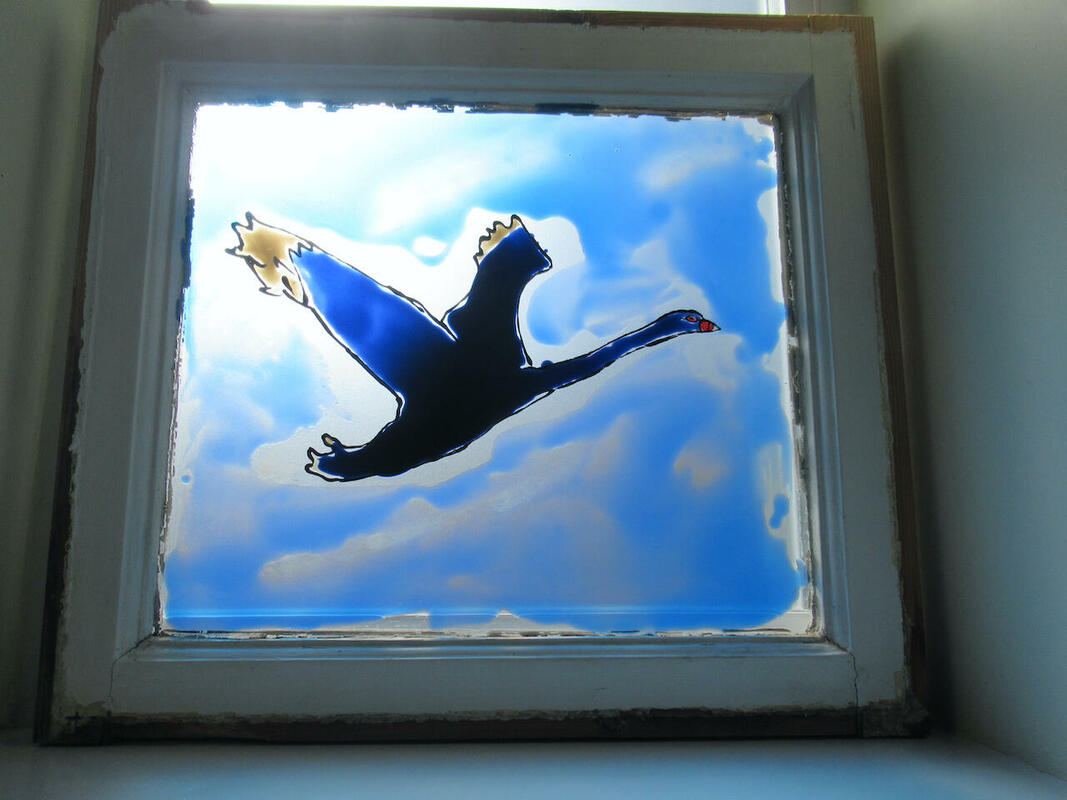 Watch Me Fly: Transformation Complete. Vitrail Transparent Paint on glass. Upcycled wood frame from former General Elliott pub,  South Hinksey, Oxford, UK. h: 38cm x w: 42cm Price: £200