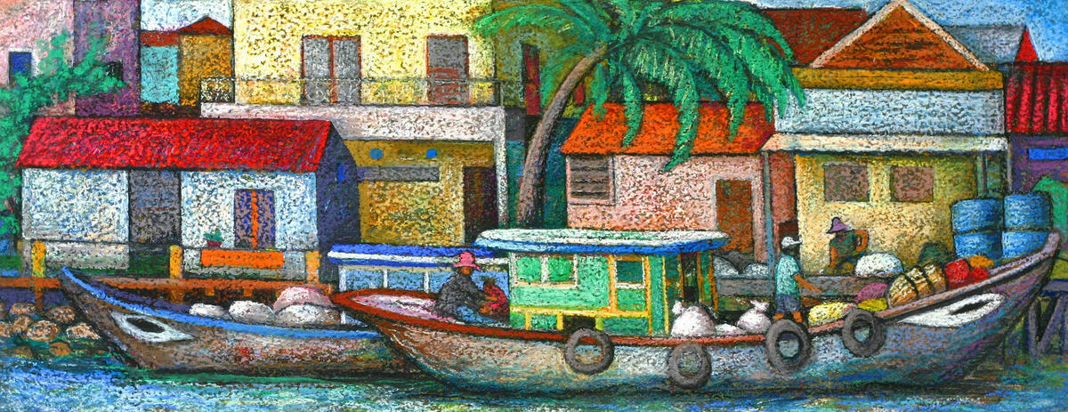 Boats in Vietnam1, mixed media on paper, 25x66 cm