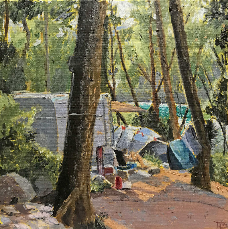 Camping in the trees, 12x12” oil on board