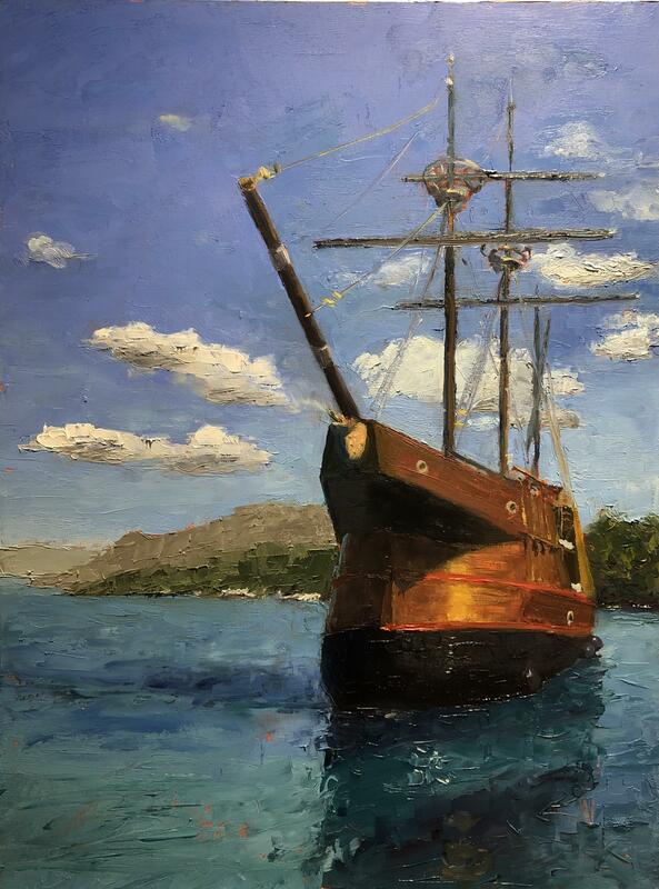 SOLD Ship ahoy! oil 12x16” wood panel