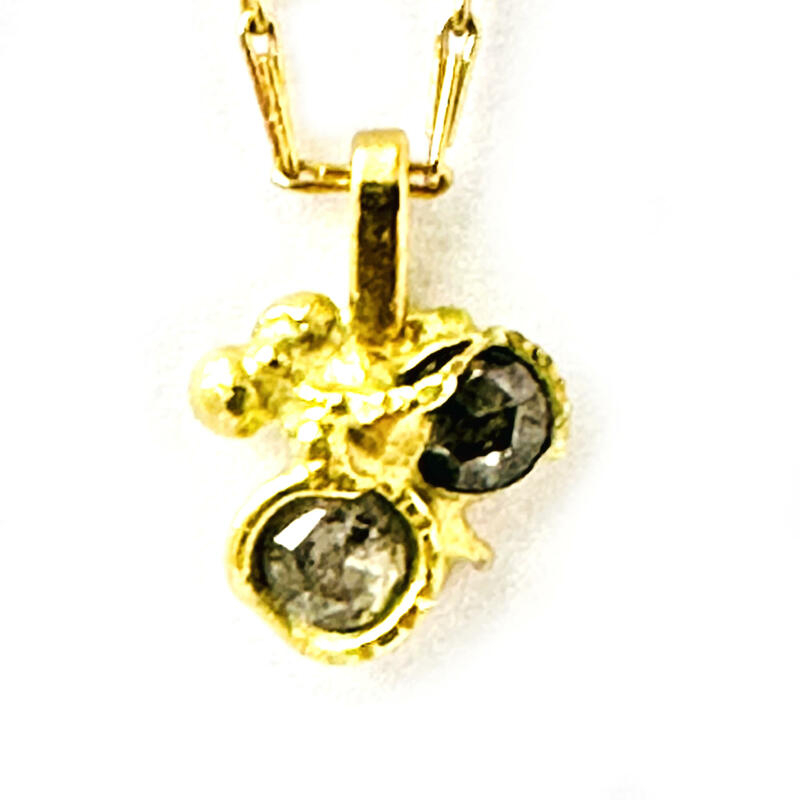 Molten gold pendant |  18k yellow gold | 3.5 mm rose cut salt and pepper diamonds