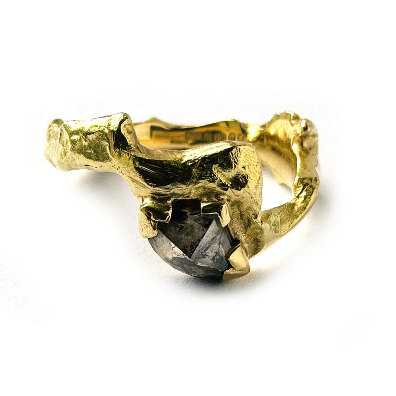 Molten gold jagged ring | 18k yellow gold | rose cut salt and pepper diamond