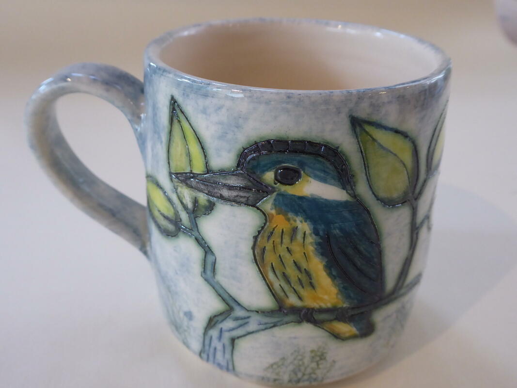 Thrown mug with kingfisher
