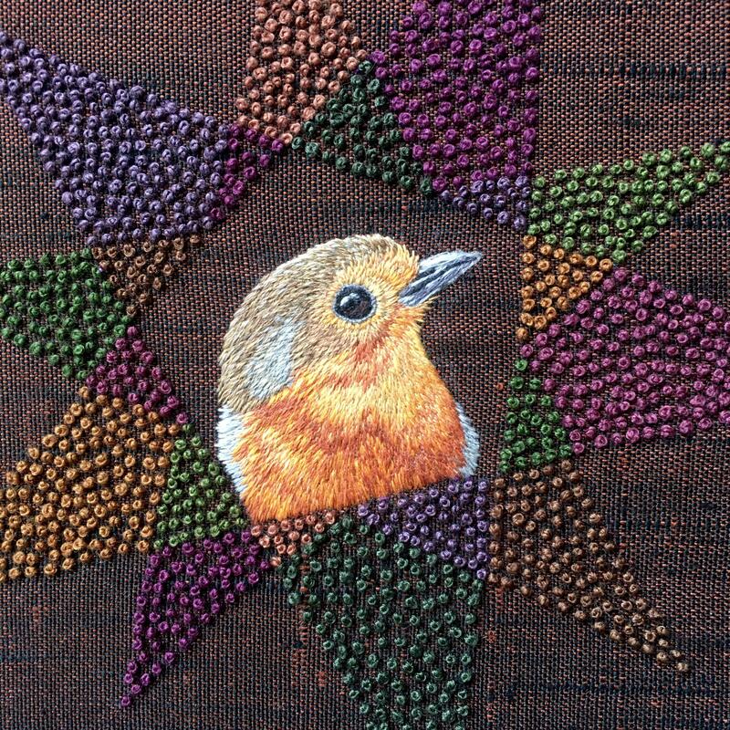 Robin - hand embroidery on vintage silk
