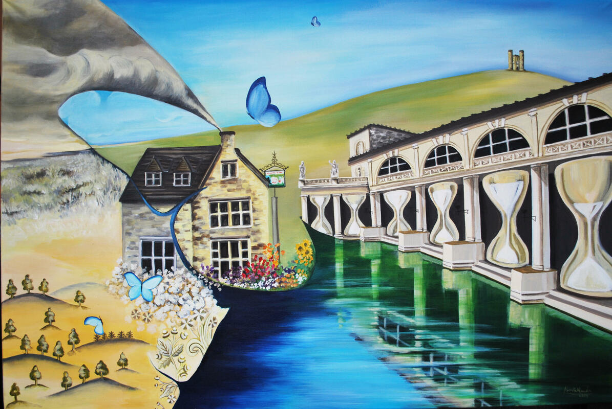 Time Traveler’s Diary, Acrylic on Canvas  61cm x91cm, £800.  A representation of Changing Time - reminiscing back 100 years of Roman settlement in Broadway. Through butterfly - the time traveler & sand hourglasses,Time traveller’s diary is visually written.