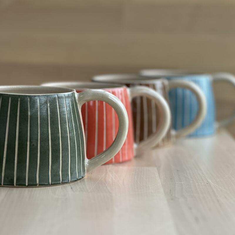 Stripe mugs green orange blue brown 