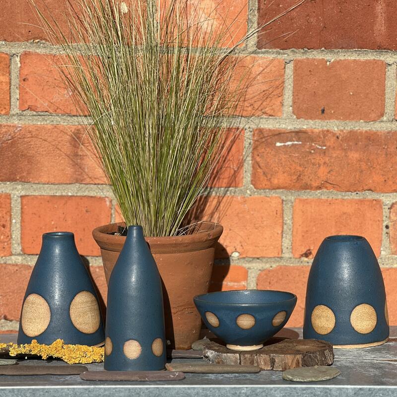 Blue raw spot vases and bowl 