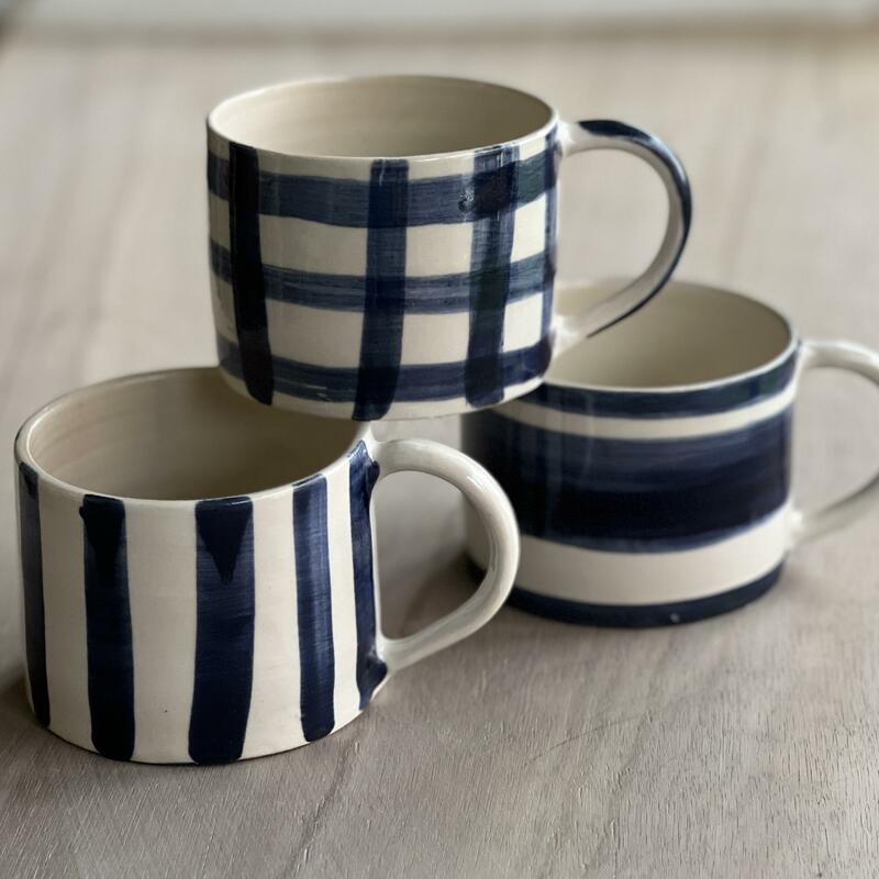 White & indigo blue stripe & check mugs