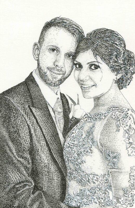 ‘Wedding Portrait’, Ink portrait of a bride and groom.  