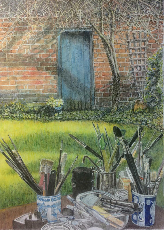 Artist tools in an English garden.