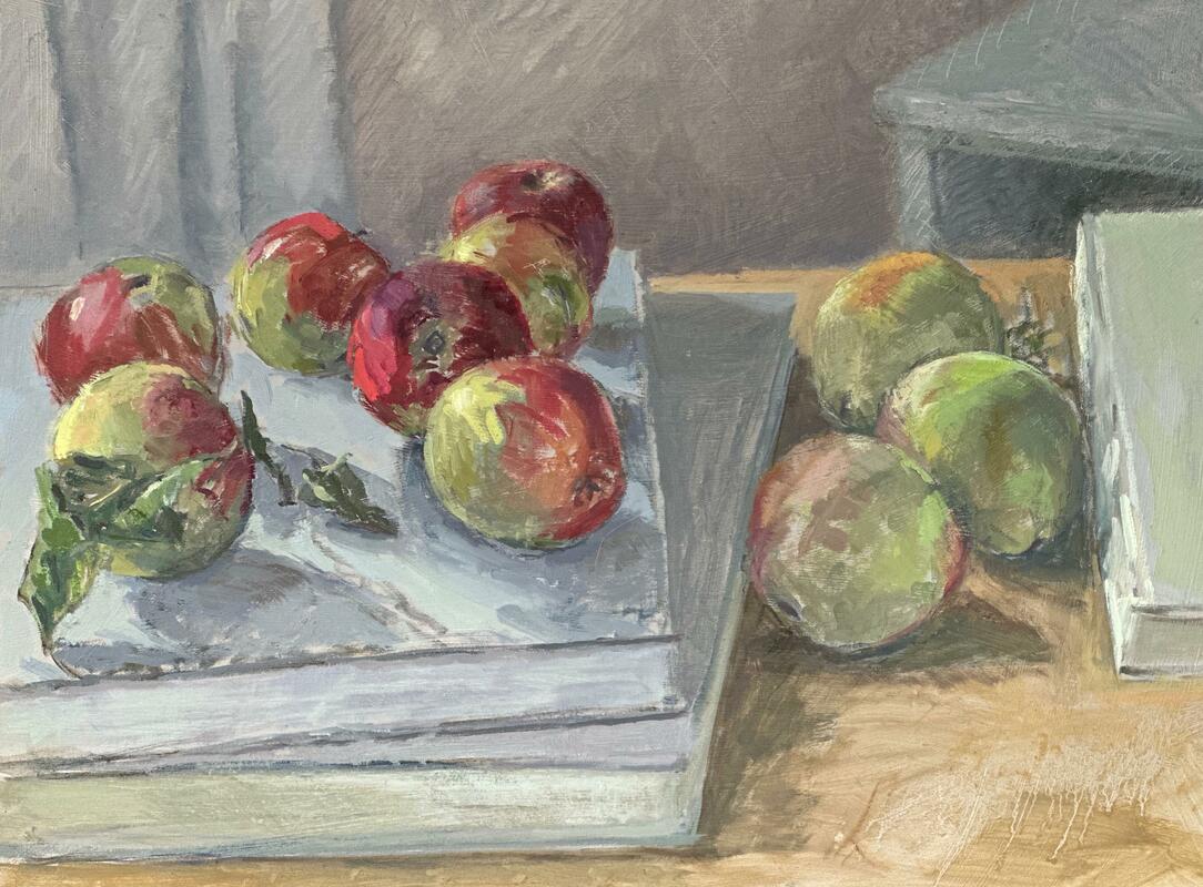 Apples and Books - Oil on board