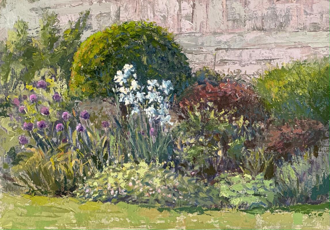 Flowerbed with Iris - Oil on board