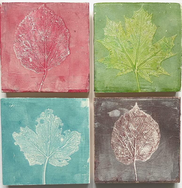 Leaf Monoprints on wooden panels each 15cm x 15cm, acrylic paint   £25