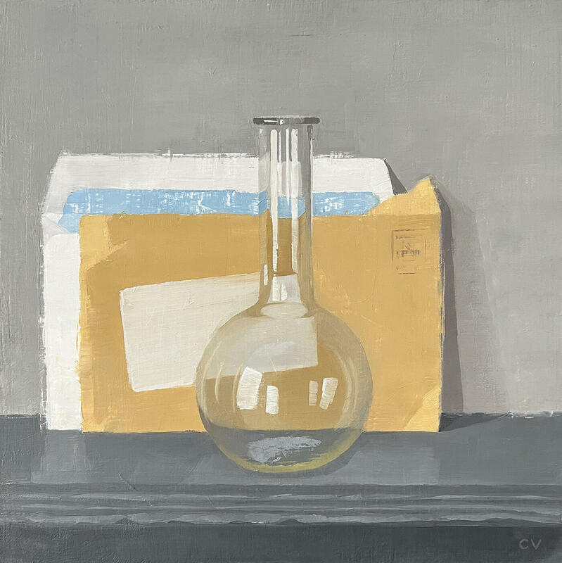 Analysis, an oil painting by Claire Venables. This is a quite painting showing light falling across a Florence Flask onto some envelopes.
