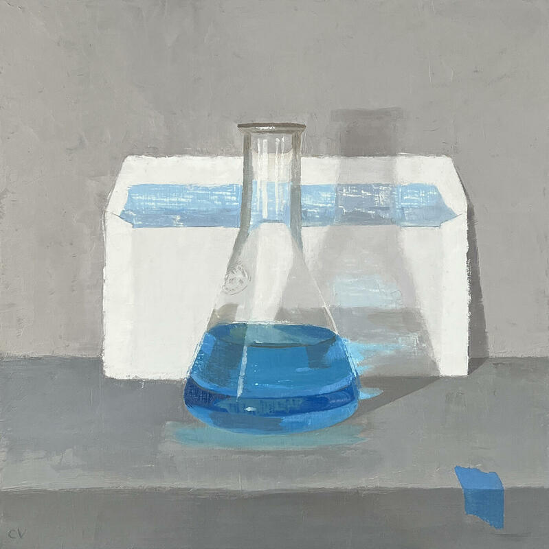 CuSO4, an oil painting by Claire Venables. This quiet painting shows the light shining through a Conical Flask filled with blue copper sulphate. The blue of the liquid is reflected in the shadow of the flask onto a white envelope.