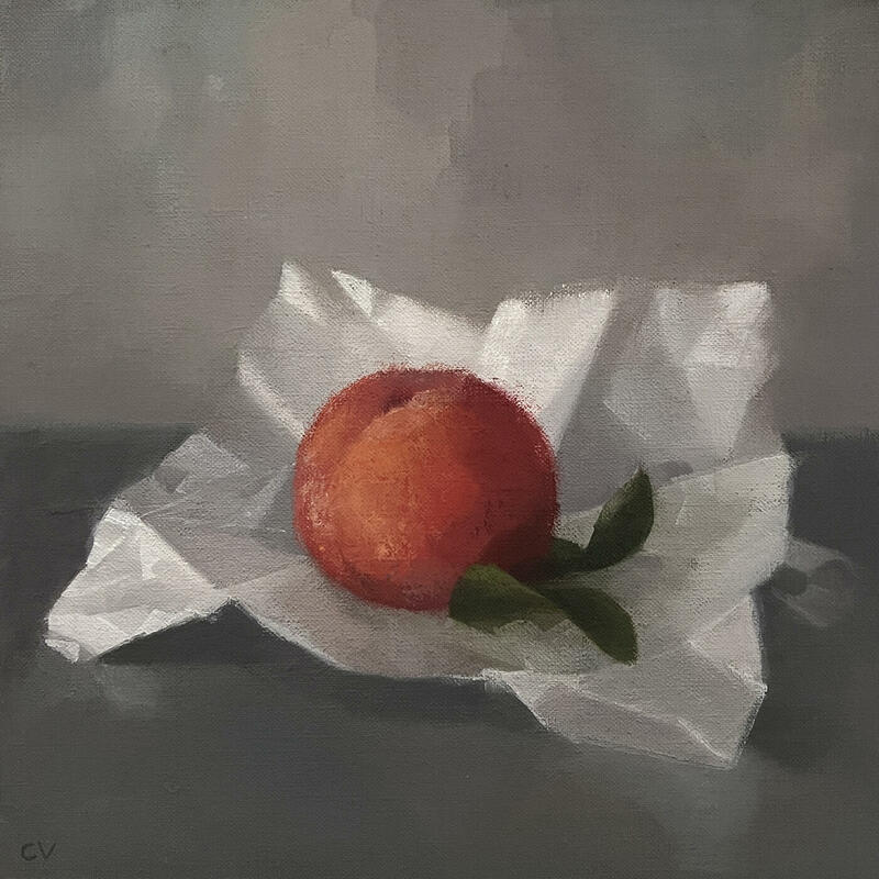 Peach, an oil painting by Claire Venables shows a peach sitting on crinkled paper that once wrapped it. This painting has a stillness about it that quietly describes the beauty of a moment in time.