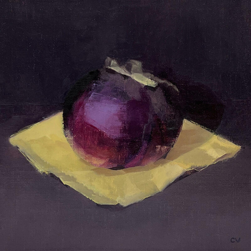 Sicilian Aubergine, an oil painting by Claire Venables. A round augergine emerges from the dark, a flush of light perfectly describes the smooth texture of the vegetable. Its deep aubergine colour contrasts with the buff paper bag on which it sits.