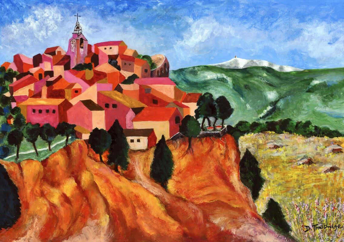 Roussillon (the ochre village), Luberon, Provence, France (2023).  Gouache/Acrylics on canvas, 29.7 x 42 cm (A3), framed 42 x 59.4 (A2)