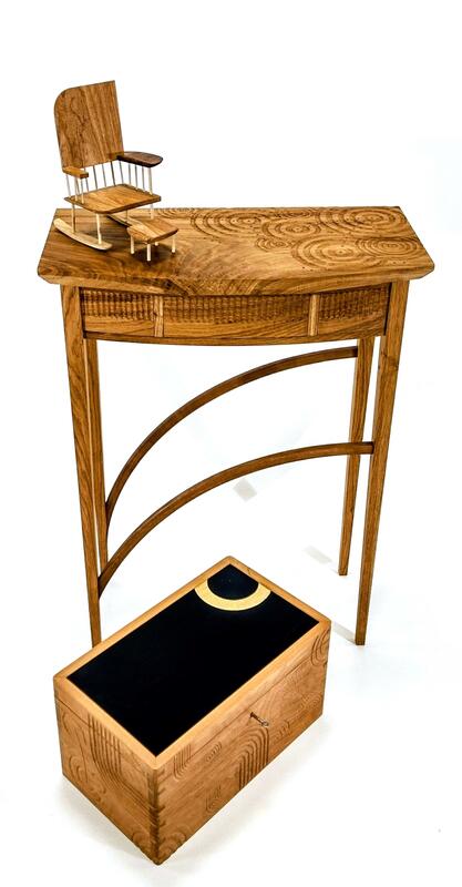 Chair model, side table and box. Handmade and hand carved. 