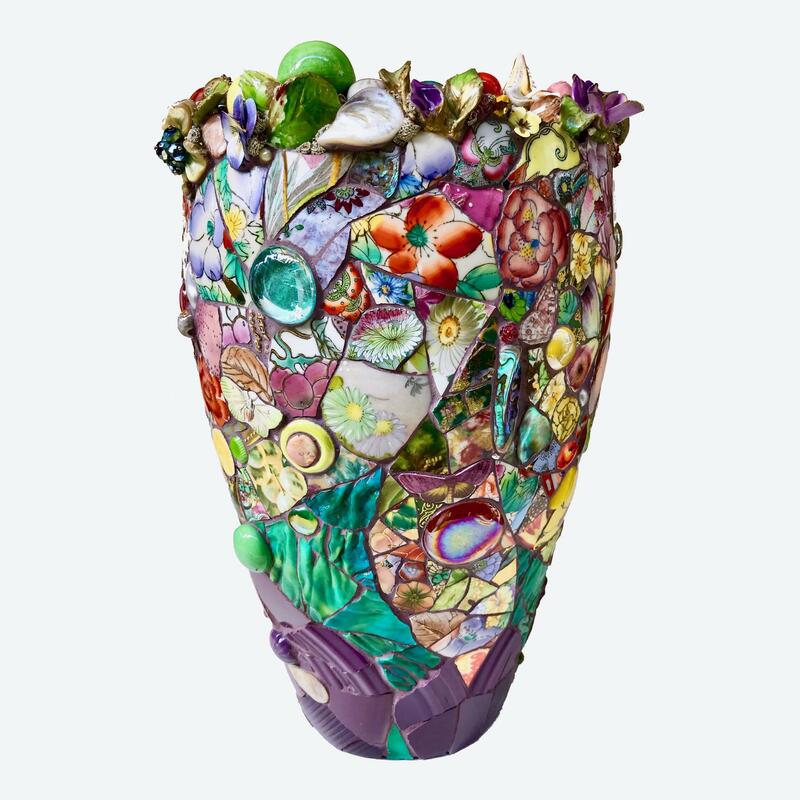 Mosaic vessel opening into abundant floral joy
