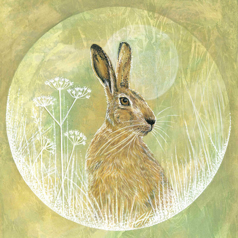 Moonlit Hare, Mixed Media, Giclée Prints & Greeting Cards