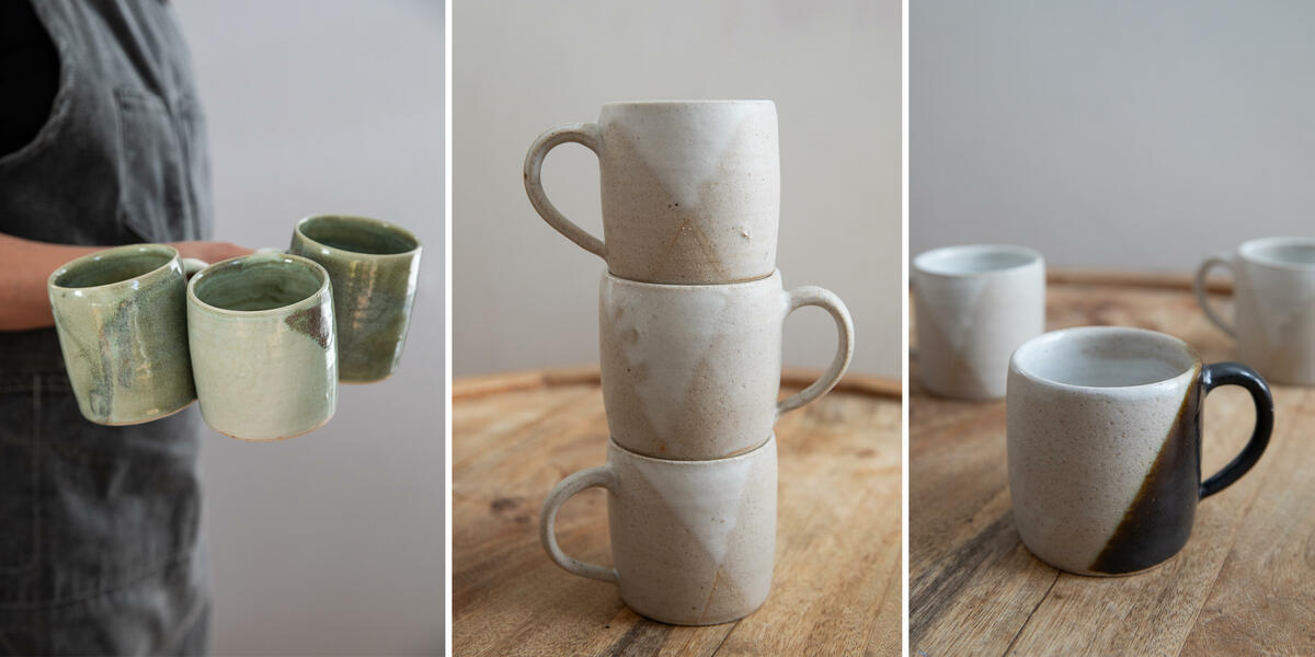 A selection of stoneware mugs by Etta Rain Ceramics
