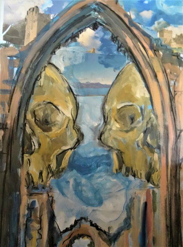 Title :    SKULLS AND RUINS     This is an Acrylic on Paper work.
