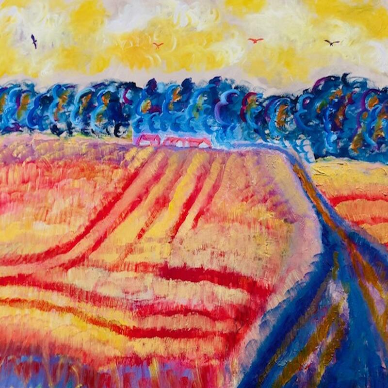 Red kites and Tractor tracks, oil on canvas, £190