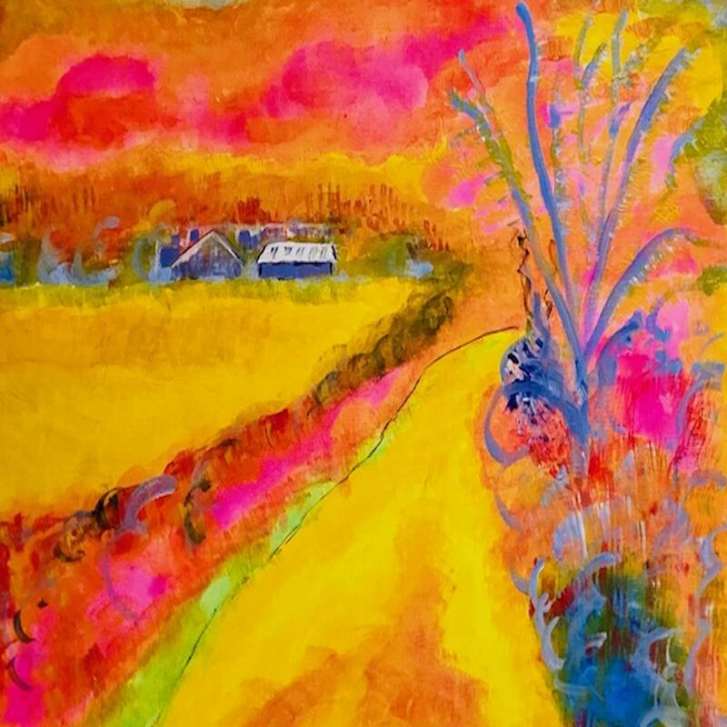 Walking to Nettlebed Cheese Shed, £160, acrylic and gouache on 23 x 16 inch canvas