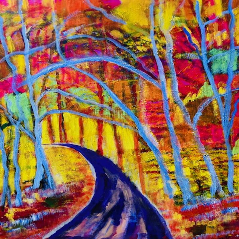 Busgrove lane in autumn.  £170.  Acrylic and gouache on 23 x 16 inch canvas