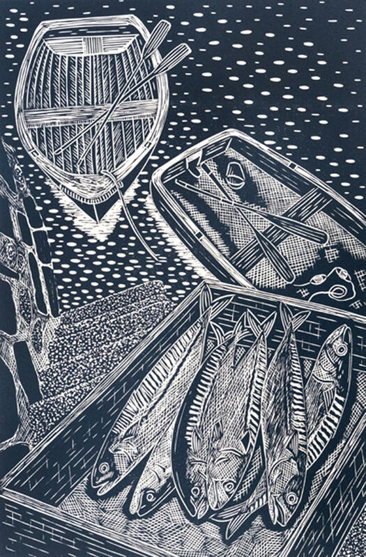 Lino Print of Fish of Quayside