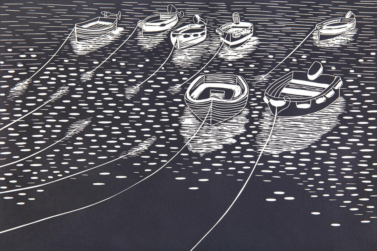 Lino Print of Rowing Boats at Anchor