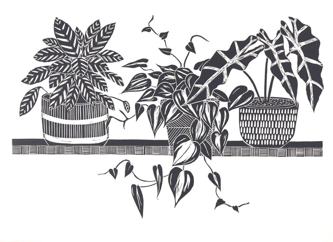 Lino Print of Houseplants on a Shelf