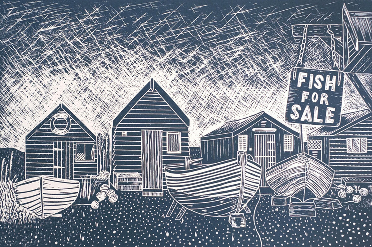 Lino Print of Fish Sheds, Southwold