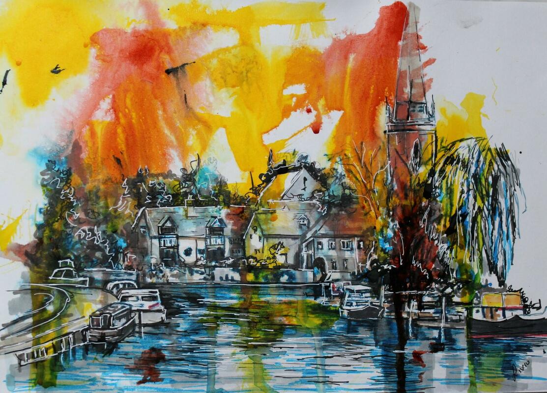 Abingdon waterfront - Pen ,ink and watercolour
