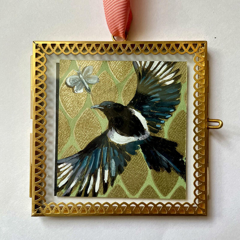 Magpie and moth miniature painting