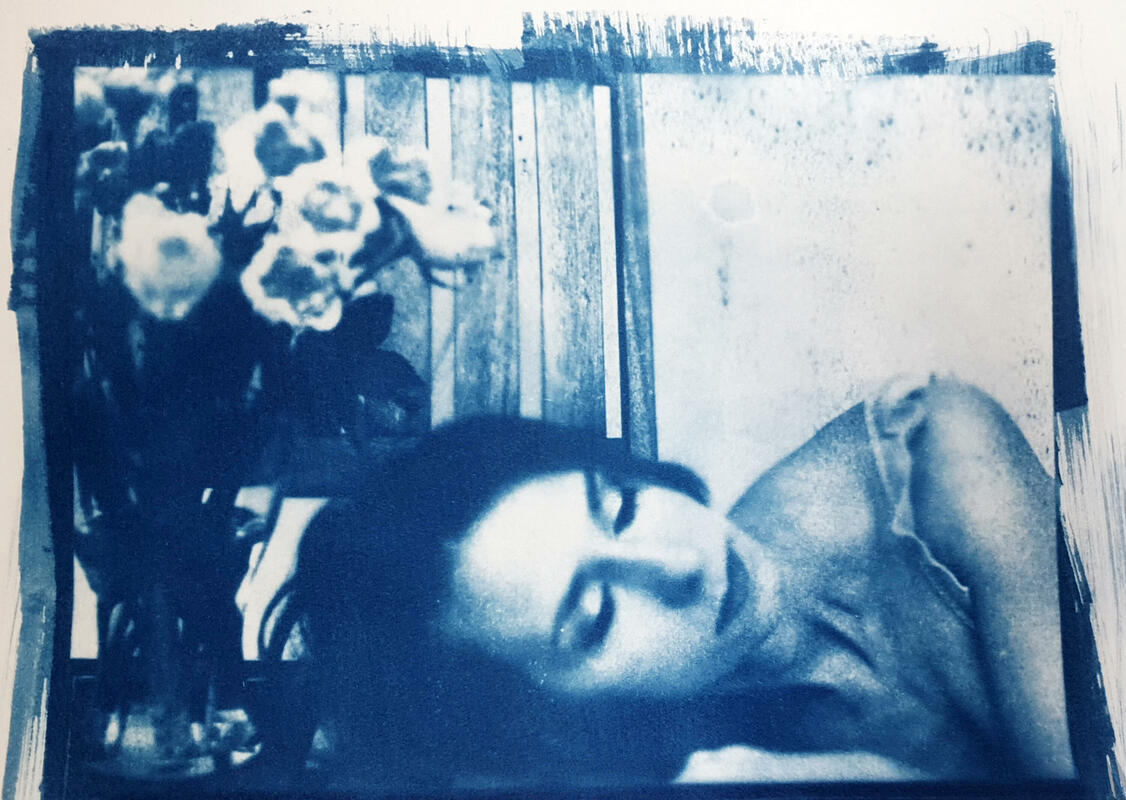 "Self portrait with flowers", analogue photography and cyanotype on watercolour paper, 2020