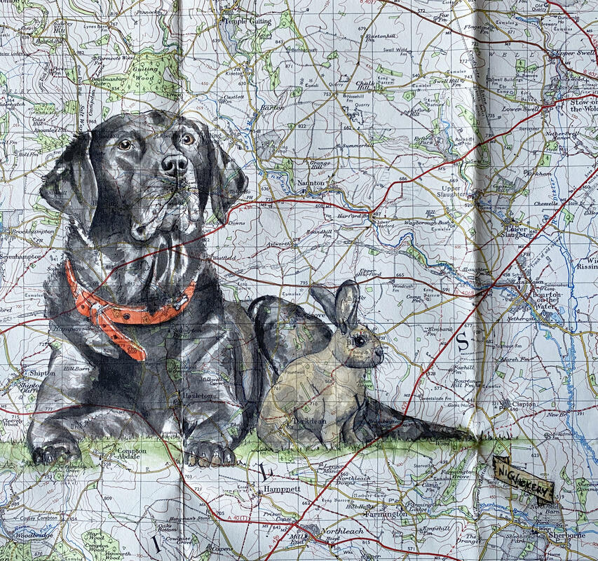 Recent commission of Max the Lab and his friend Pepper painted onto a vintage map. sold, but similar commissions taken