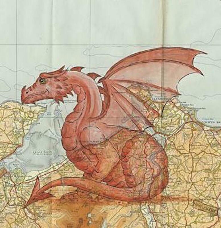 Welsh dragon painted on a vintage map of Conwy, original sold, similar commissions taken Wales