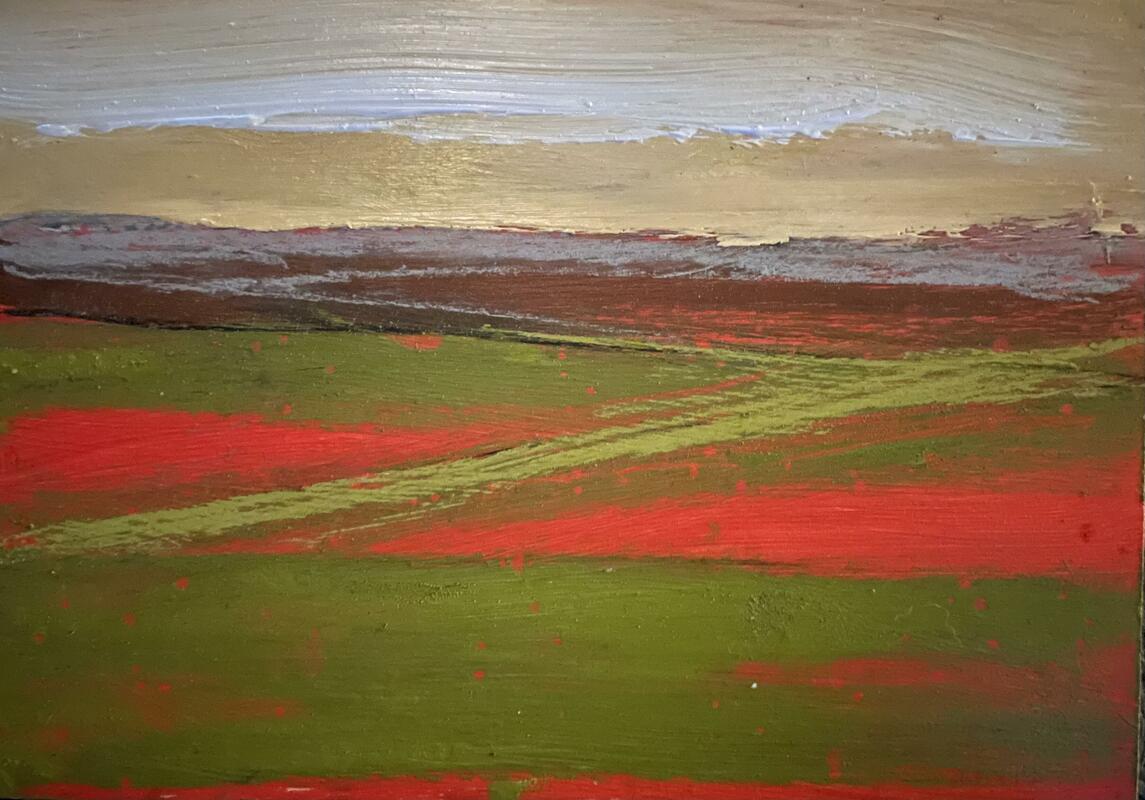 Simplifying with Red and Green, Acrylic on recycled cardboard 
