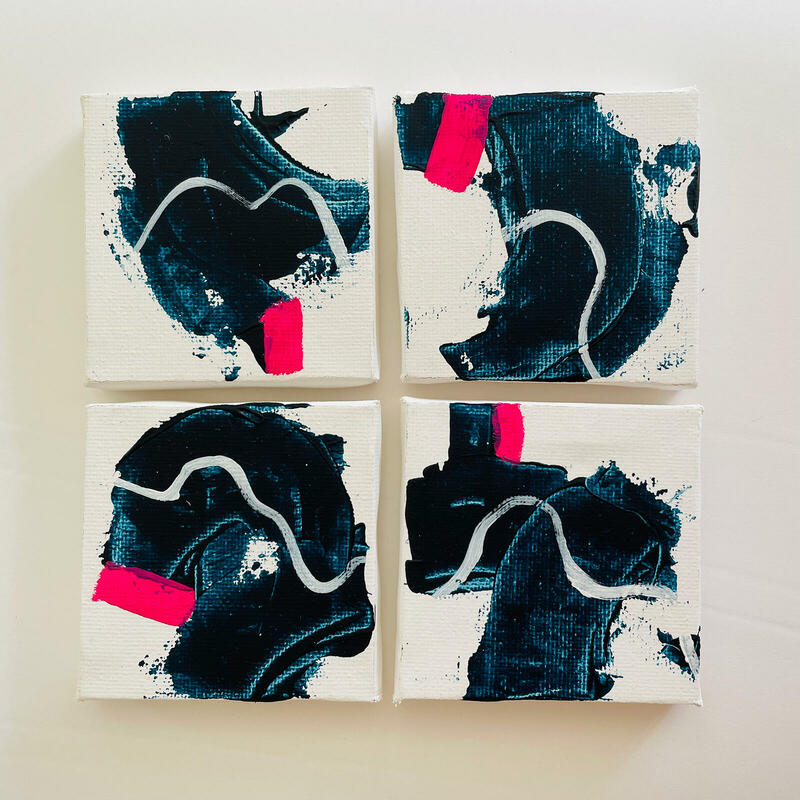Set of 4 abstract paintings on mini canvases with accents of pink